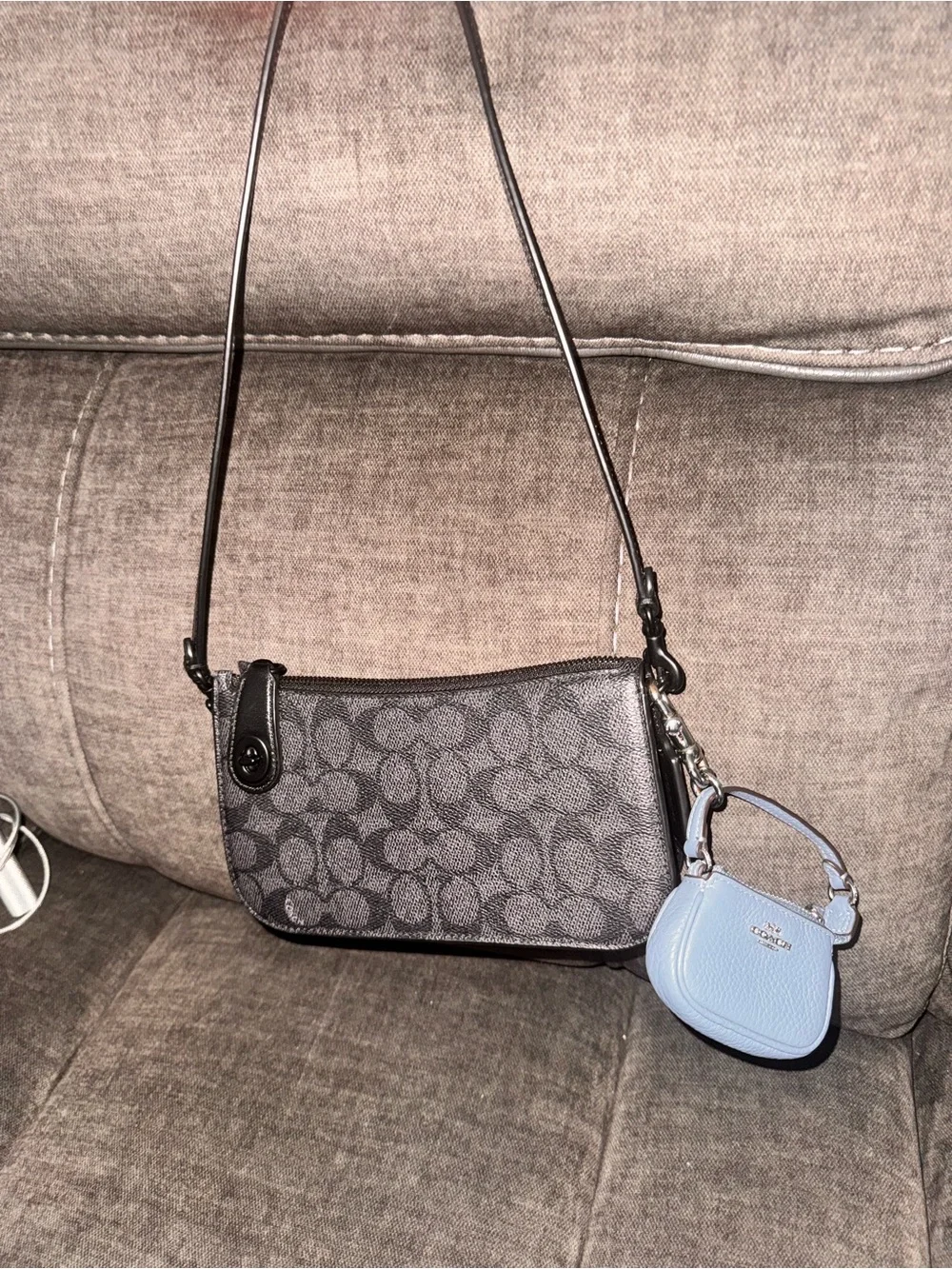 Coach Black Signature Crossbody Bag with Light Blue Charm